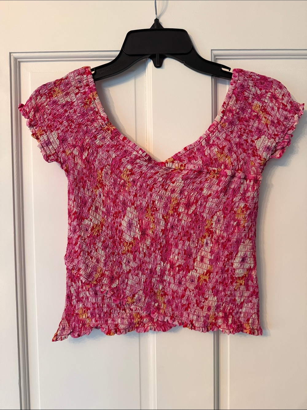 BB Dakota Pink Smocked Cap-Sleeve Crop Top with Yellow Accents